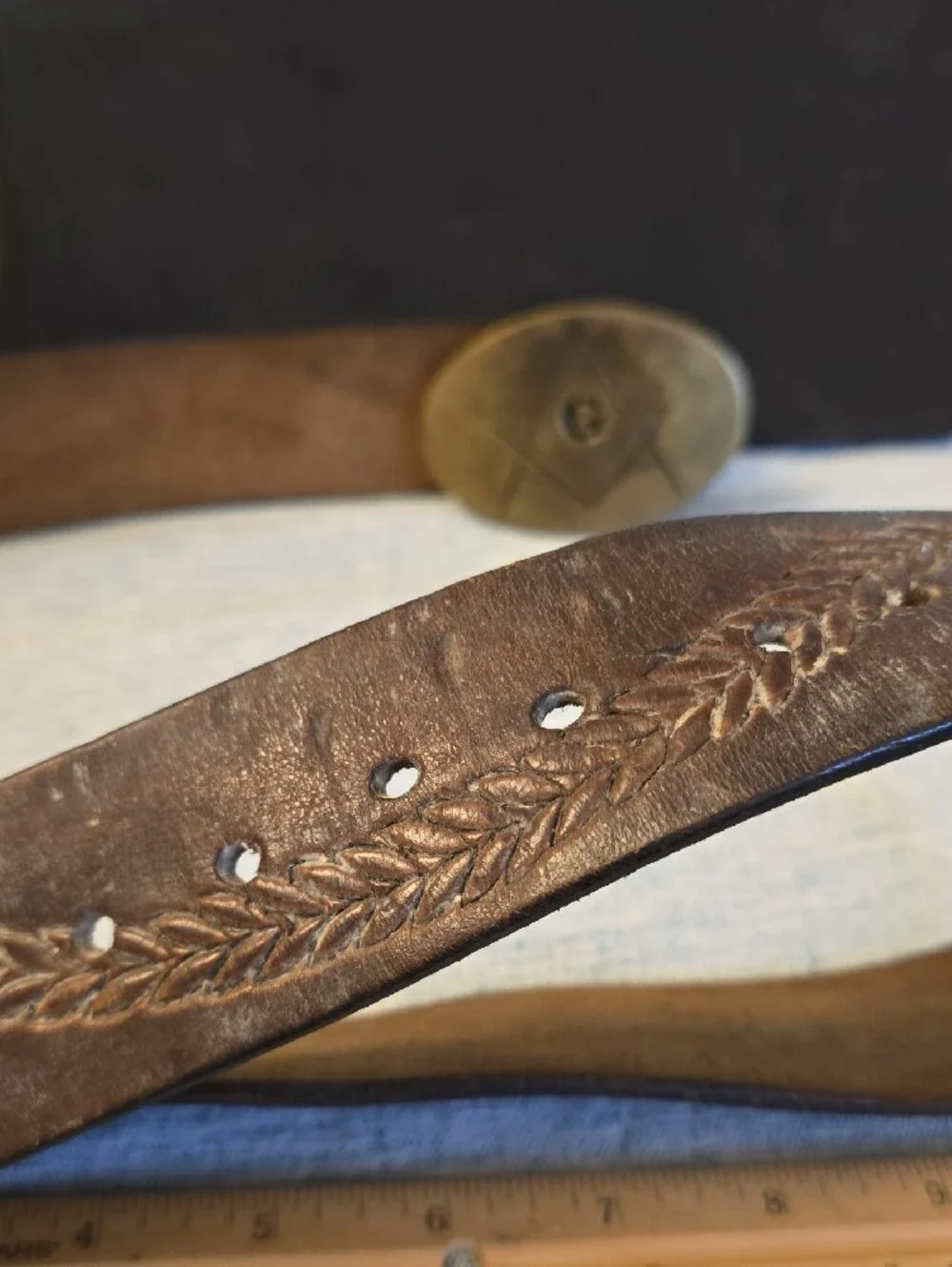 Vintage Brown Leather Belt with Brass Masonic Buckle Sportster